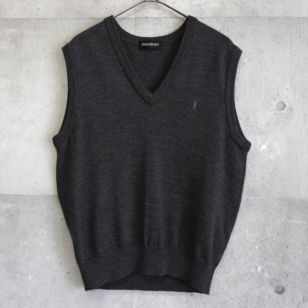 イヴ・サンローラン ヴィンテージ カサンドラロゴ YSLロゴ 刺繍 ニットベスト チャコールグレー