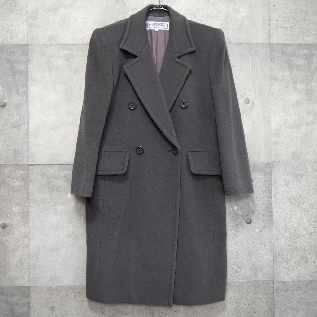 イヴ サンローラン ヴィンテージ YSLロゴ ダブル チェスターコート グレー