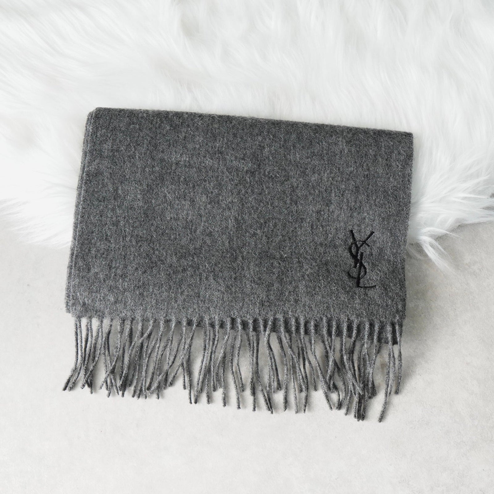 イヴ サンローラン ウール マフラー YSLロゴ グレー | ブランド古着を