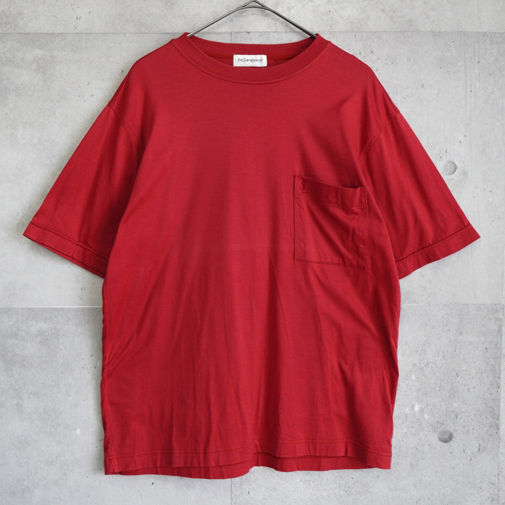 イヴ・サンローラン ヴィンテージ カサンドラロゴ YSLロゴ 刺繍 Tシャツ レッド