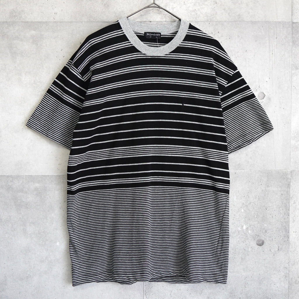 Yves Saint Laurent Vintage Cassandra Logo YSL Logo Embroidered T-Shirt Striped Gray Deadstock