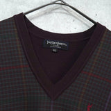 イヴ サンローラン ヴィンテージ YSLロゴ Vネック チェック柄 ニットベスト ボルドー - NEWSED