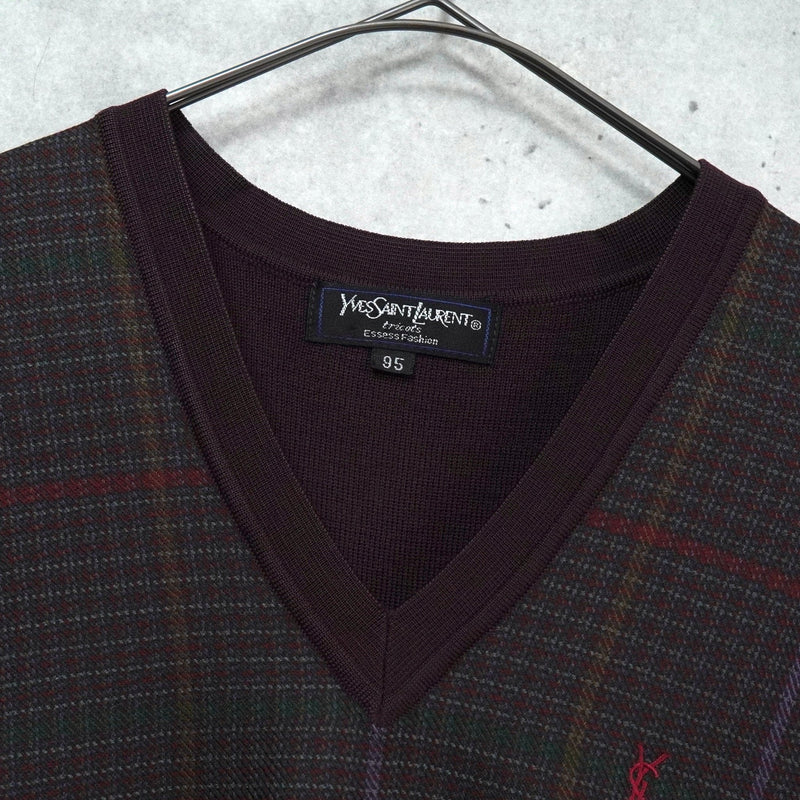イヴ サンローラン ヴィンテージ YSLロゴ Vネック チェック柄 ニットベスト ボルドー - NEWSED