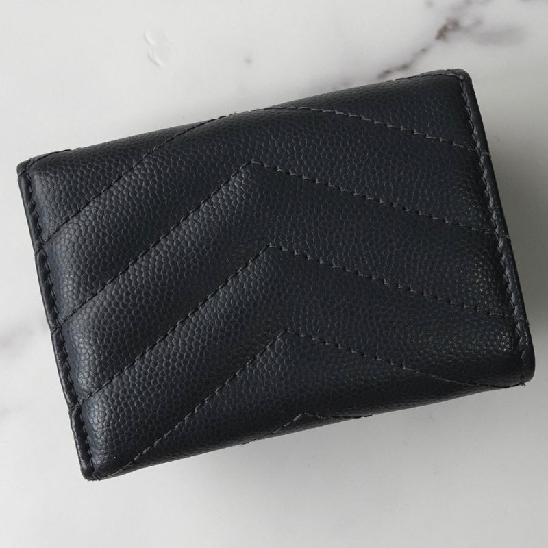 イヴ サンローラン YSLロゴ Vステッチ レザー 三つ折り財布 コンパクトウォレット グレー - NEWSED