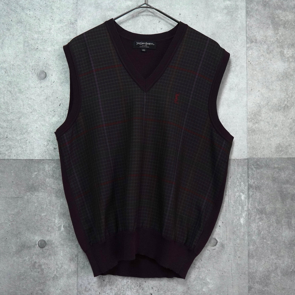 イヴ サンローラン ヴィンテージ YSLロゴ Vネック チェック柄 ニットベスト ボルドー