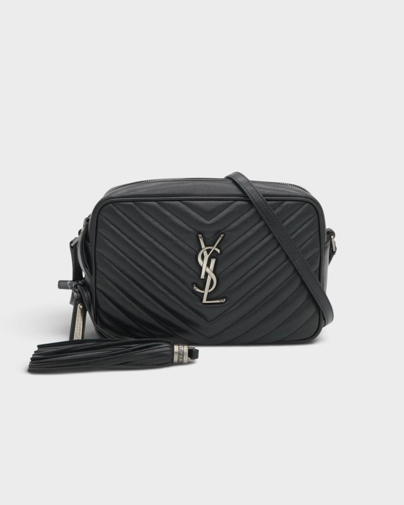 サンローラン パリ ルー YSLロゴ Vステッチ レザー フリンジ ショルダーバッグ ブラック 520534 レディース