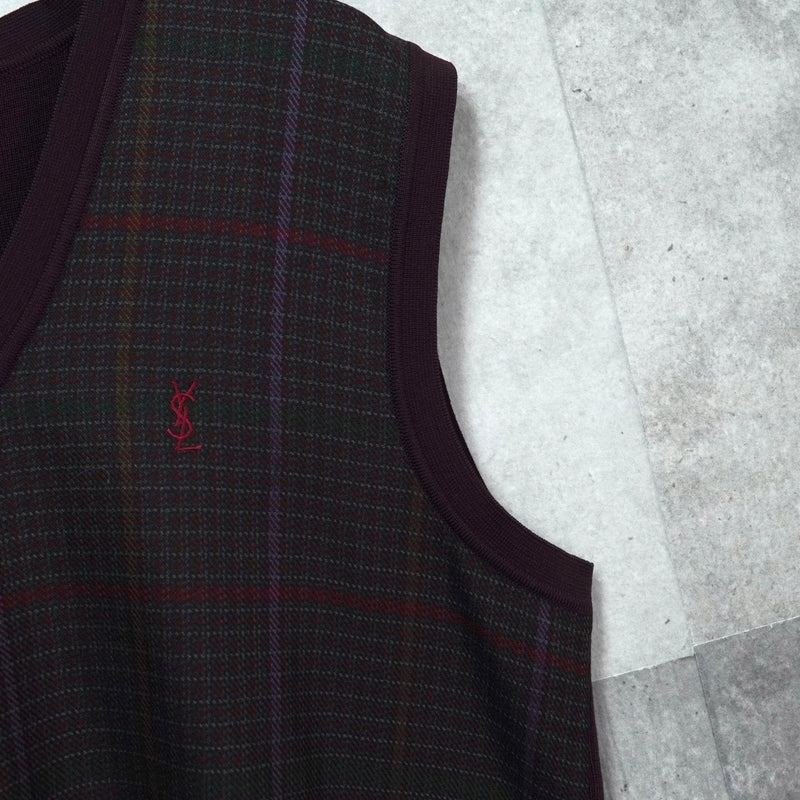 イヴ サンローラン ヴィンテージ YSLロゴ Vネック チェック柄 ニットベスト ボルドー - NEWSED